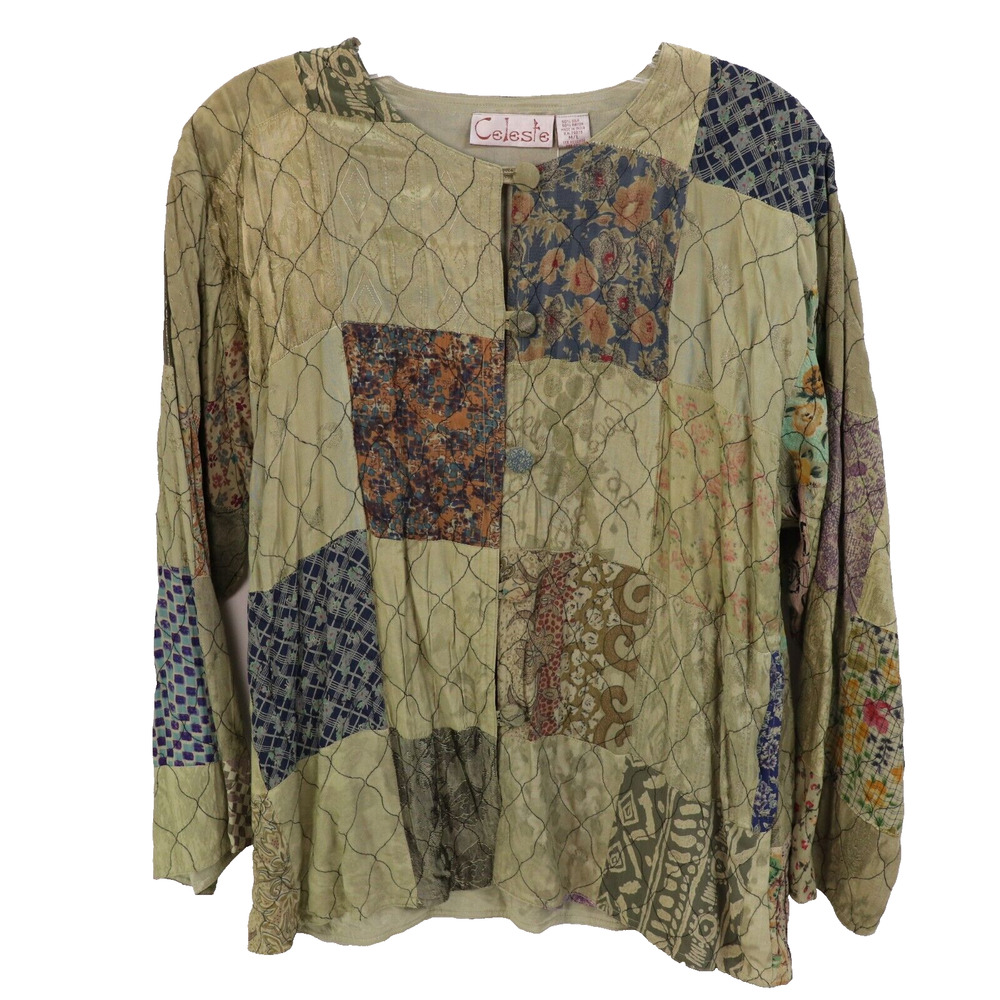 Celeste Top Jacket ML Sage Floral Silk Blend Cottage Core Lined Button Patchwork